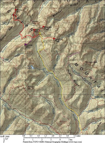 The trip began with an 9.5 mile hike from the North Fork  Entiat Trailhead to Emerald basin.
Then we would be based at the same camp for scrambles of five peaks:
Pinnacle & Gopher on Day 2, Cardinal & Saska on Day 3, and Emerald plus our exit hike on Day 4.